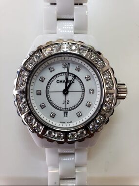 CHANEL White Ceramic J12 Diamond Bezel Women's Watch